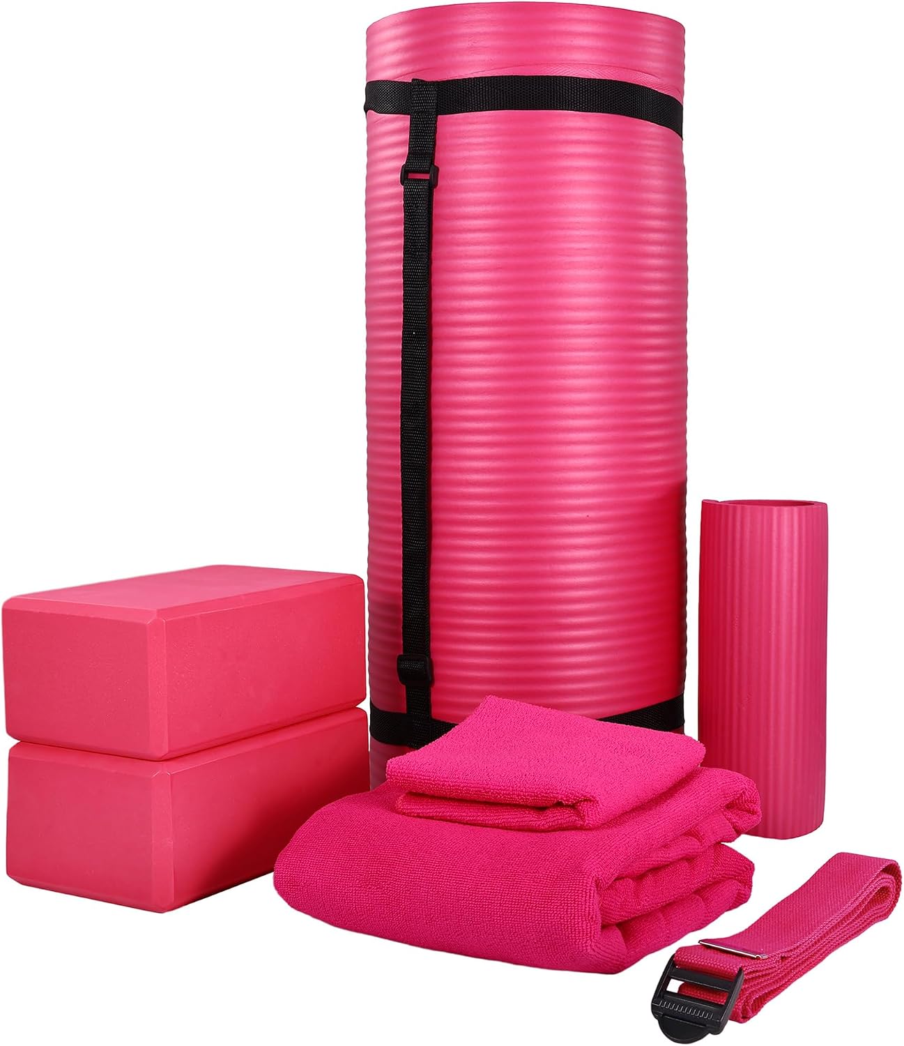 7-Piece Yoga Set with 71x24x1 Inches Extra Thick Mat and Carrying Sling – Includes 2 Blocks, Stretch Strap, 2 Towels, and Knee Pad for Home, Studio, and Gym Workouts